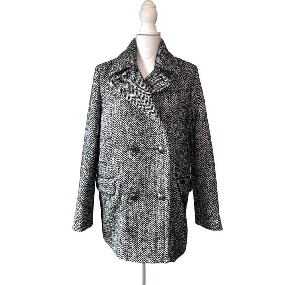NWT Superdry Wool Tweed Peacoat Grey Herringbone Double Breasted Womens Large